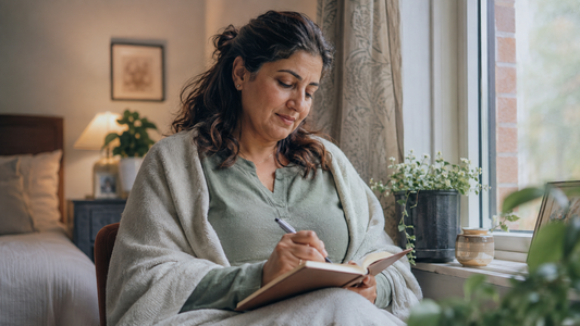 A woman sits wrapped in a blanket writing in a notebook in a softly lit bedroom
