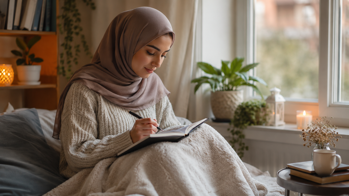 A woman in a headscarf sits on a bed writing in a journal beside a window with candles and plants nearby