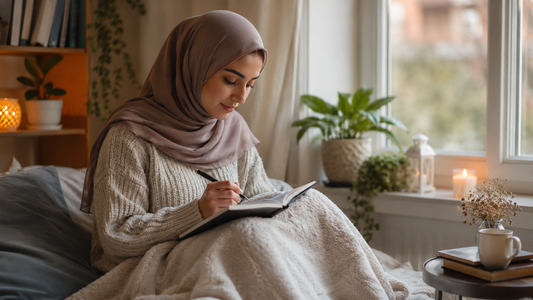 A woman in a headscarf sits on a bed writing in a journal beside a window with candles and plants nearby