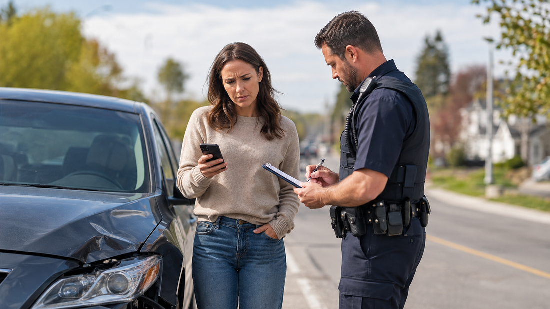 A woman photographs damage to the front of her car on her phone while a police officer beside her writes notes on a clipboard