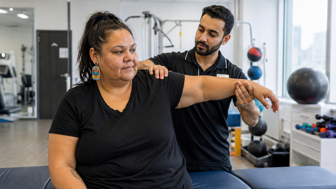 A physiotherapist guides a woman through a seated shoulder stretch in a bright clinic with exercise equipment behind them
