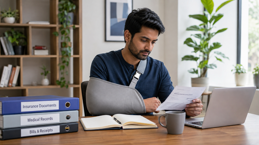 A man with his arm in a sling sits at a desk with a laptop and an open notebook beside binders labelled for insurance documents, medical records and bills