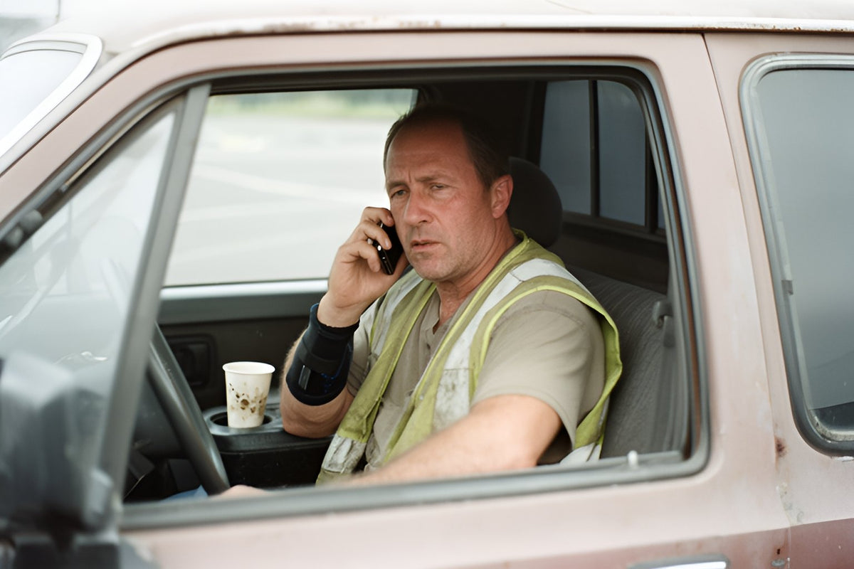 A worker in a high-visibility vest and wrist brace talks on his phone in the driver's seat of his pickup truck in a parking lot.