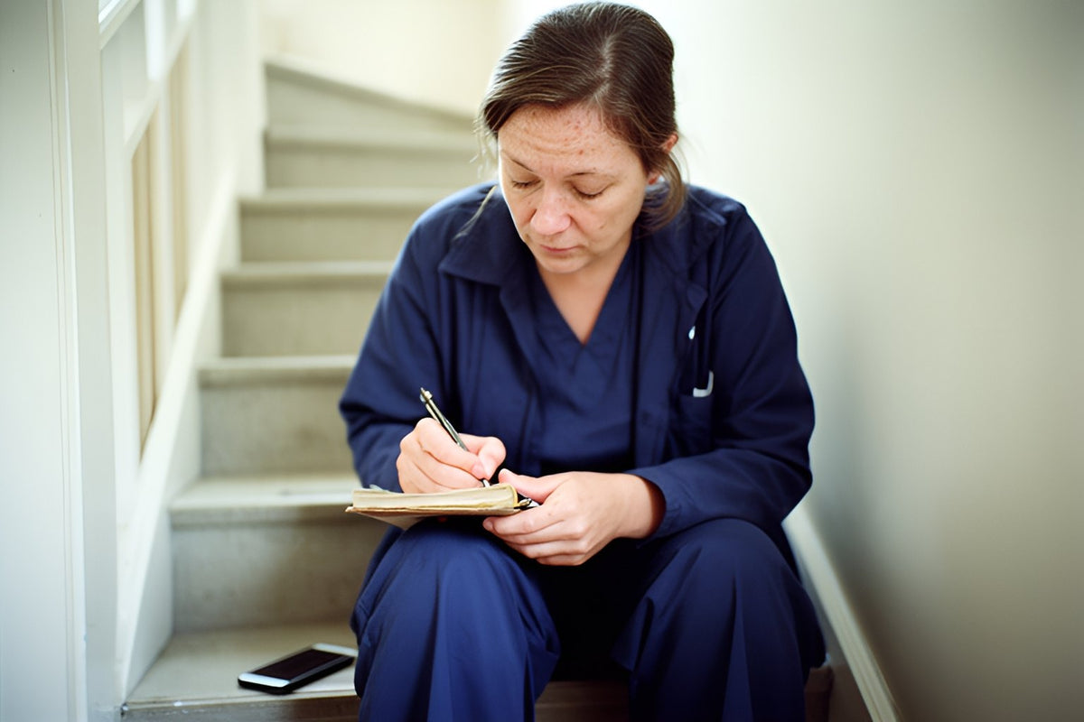 A woman in navy scrubs sits on the stairs inside her front door writing in a small notebook after a shift.