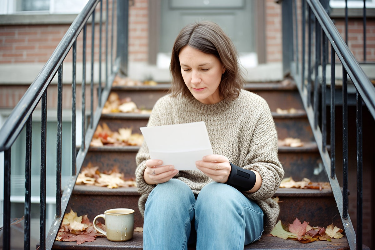 A woman in a knit sweater with a black brace on her wrist reads a letter on the iron staircase of a Montreal brick home, with autumn leaves and a mug of coffee on the steps.