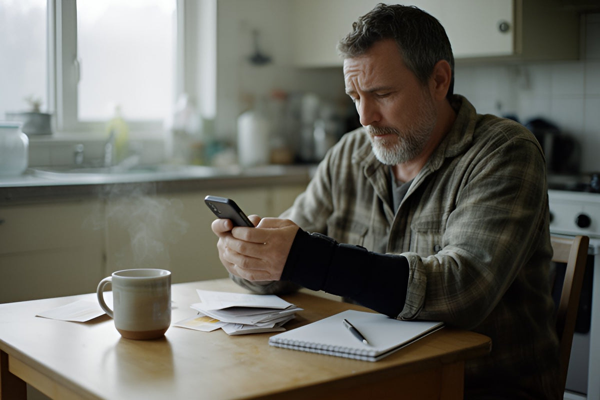 A man with greying stubble and a black brace on his forearm checks his phone at a kitchen table, with a mug of tea, opened envelopes and a notebook beside him.