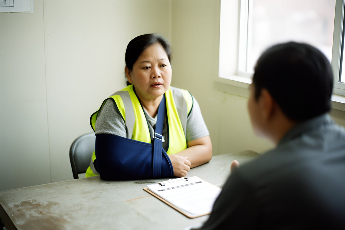 A worker in a high-visibility vest with her arm in a sling talks with her supervisor across a break room table with a clipboard between them.