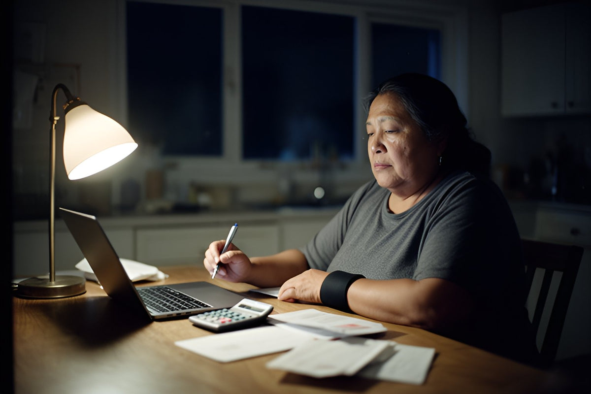 A woman wearing a wrist brace works through bills with a laptop and calculator at her kitchen table on a winter evening.