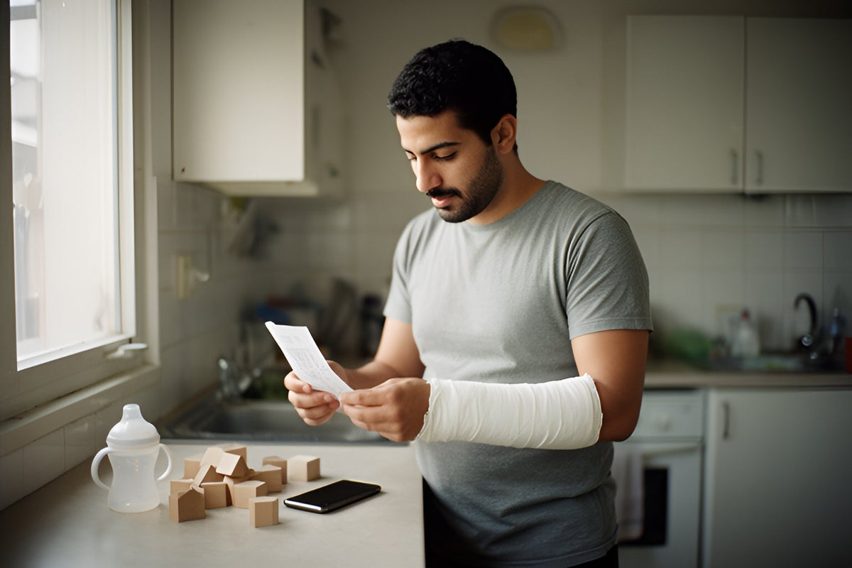 A father with his forearm in a cast reads a grocery receipt in his kitchen, with a child's sippy cup and wooden blocks on the counter.