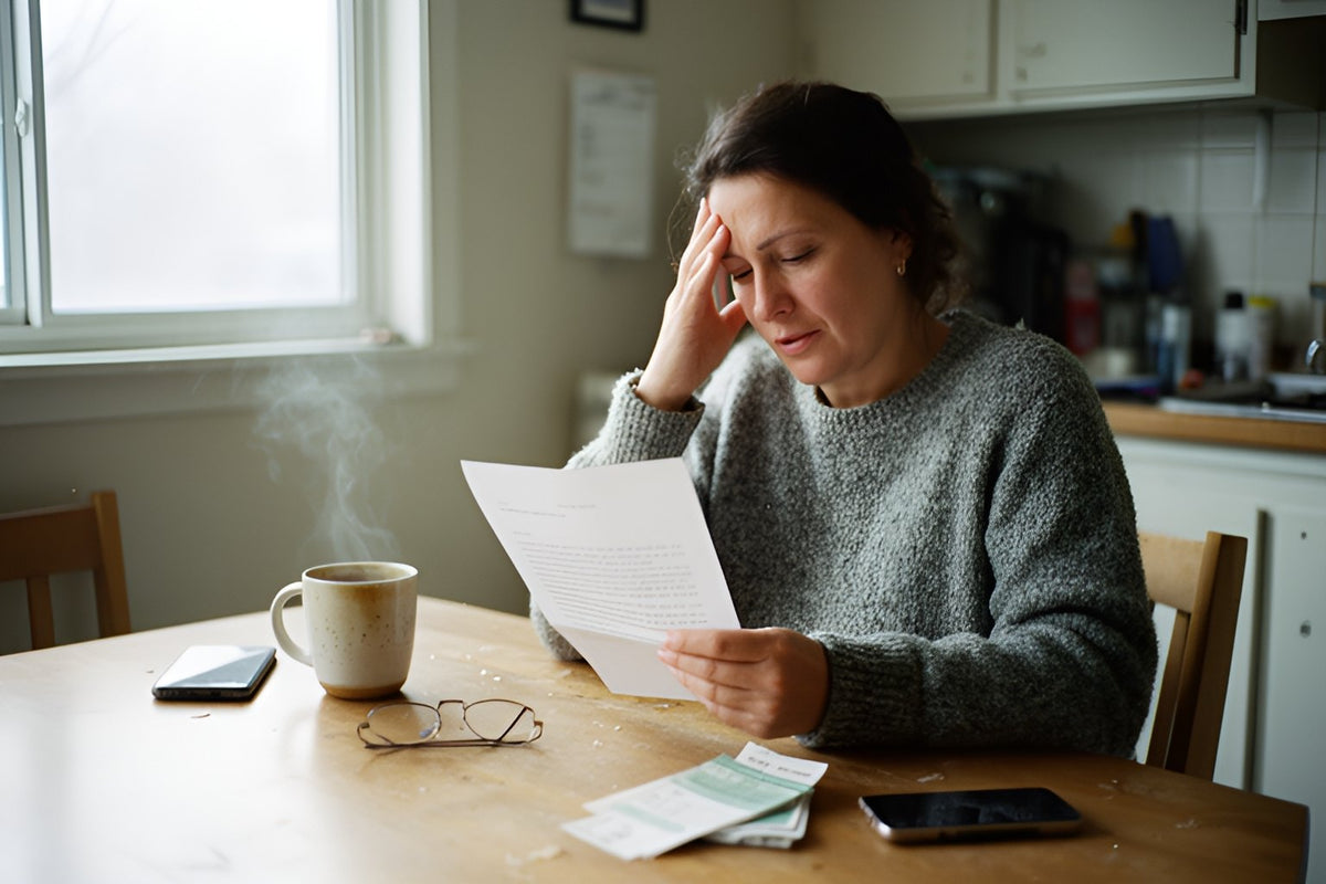 A woman in a grey sweater reads a letter at her kitchen table with a mug of coffee, her glasses and her phone beside her.