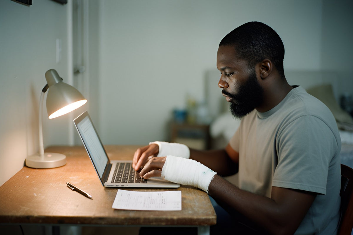 A man with bandaged hands types on a laptop at a small desk lit by a lamp in the evening.