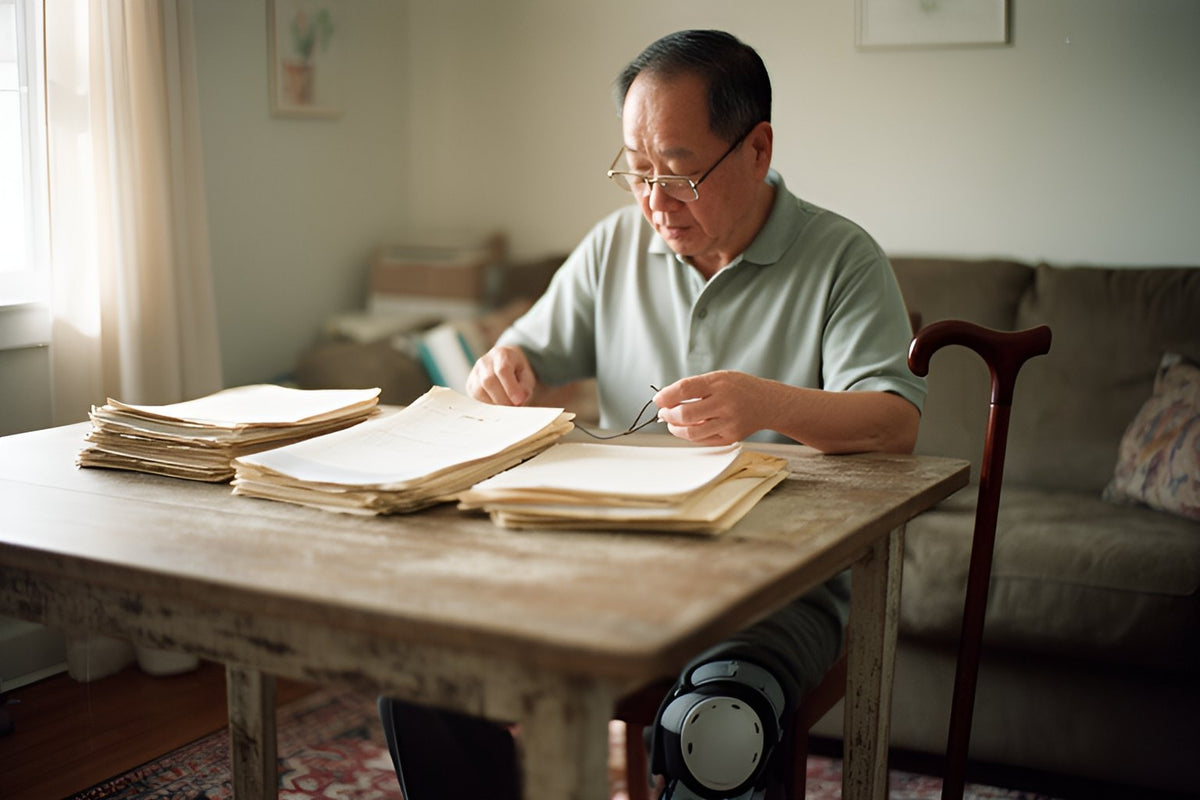 An older man in a knee brace sorts through stacks of medical records at his dining table with a cane beside him.