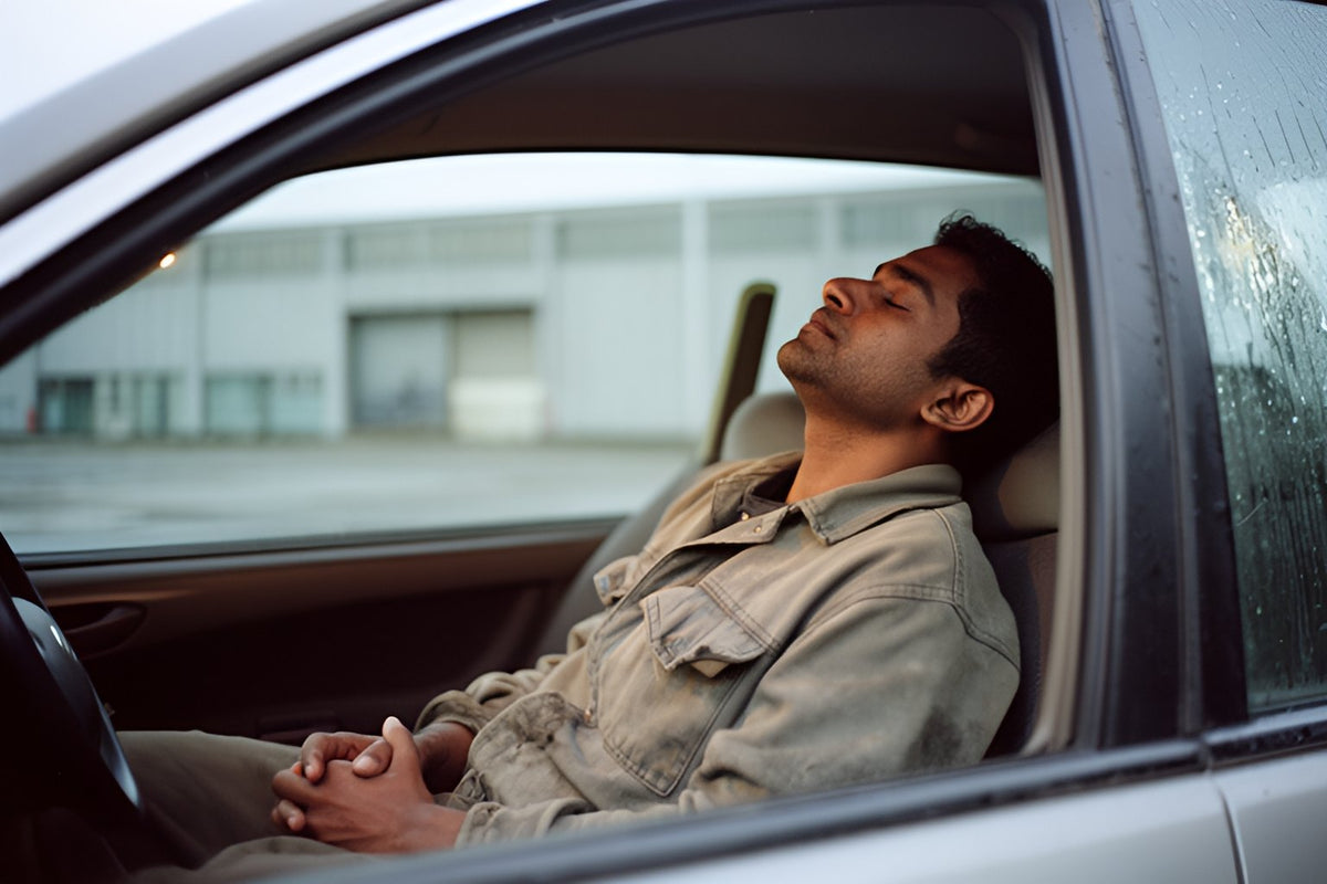 A man in a work jacket rests his head back in the driver's seat of his parked car outside an industrial building, eyes closed, with rain on the window.