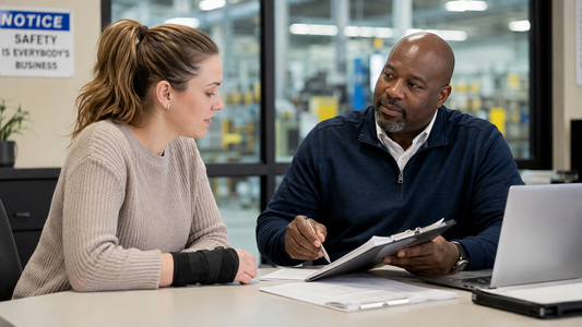 A woman wearing a wrist brace sits with a colleague reviewing forms in an office overlooking a factory floor