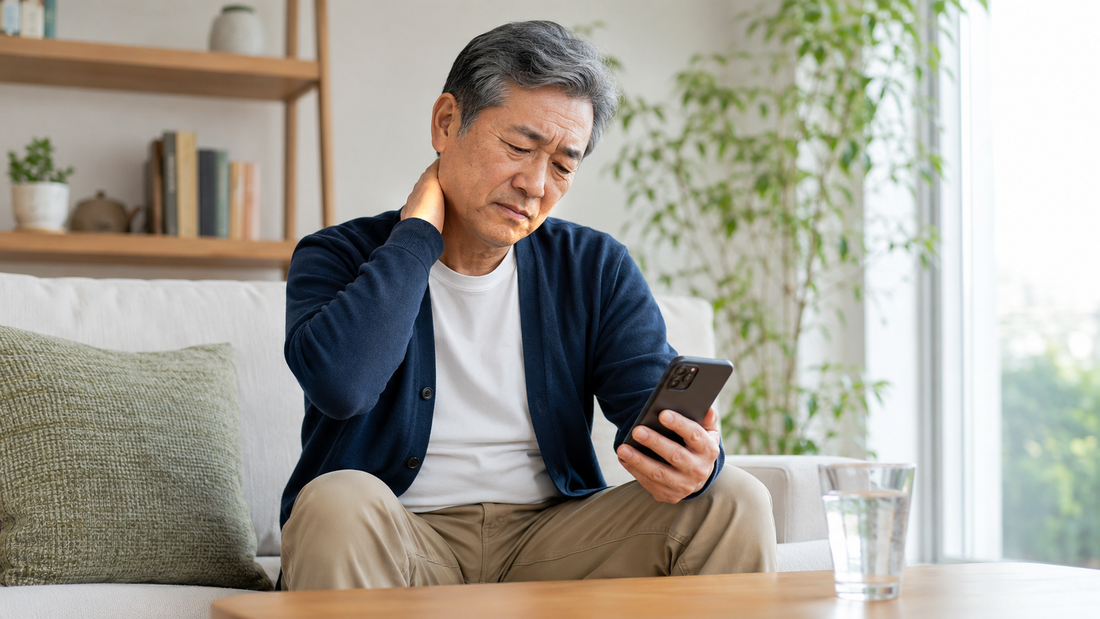 A man sits on a sofa in a bright living room holding the back of his neck while he reads something on his phone