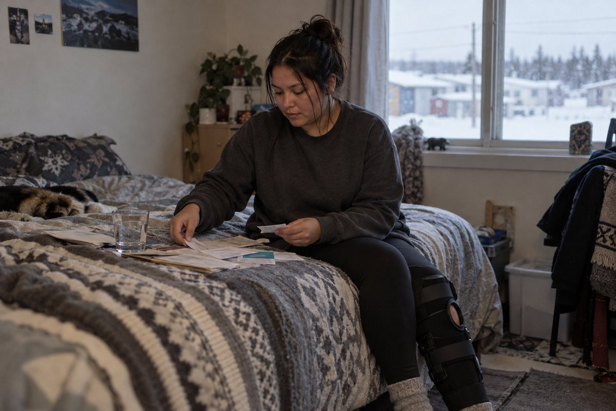 A woman wearing a knee brace sits on her bed sorting through letters and receipts on a winter day in a small northern town.
