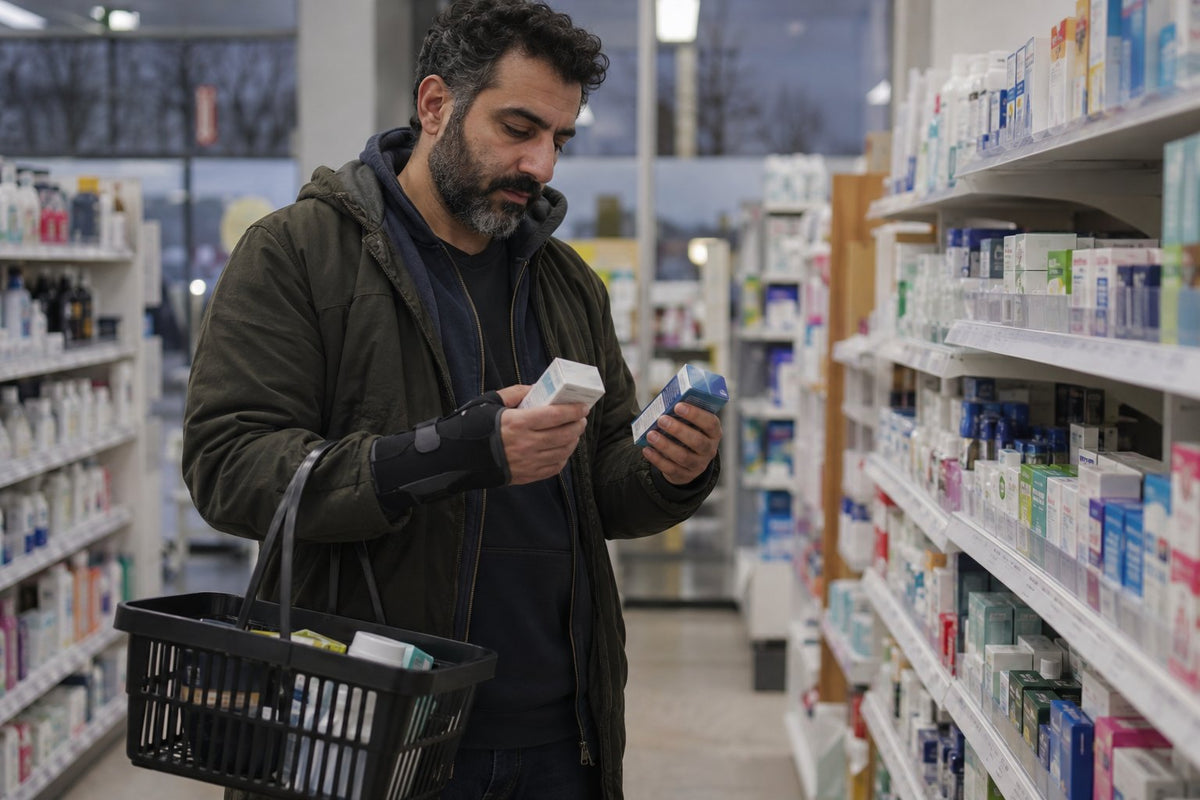 A man with a wrist brace compares two boxes of medicine in a pharmacy aisle, a shopping basket on his arm.