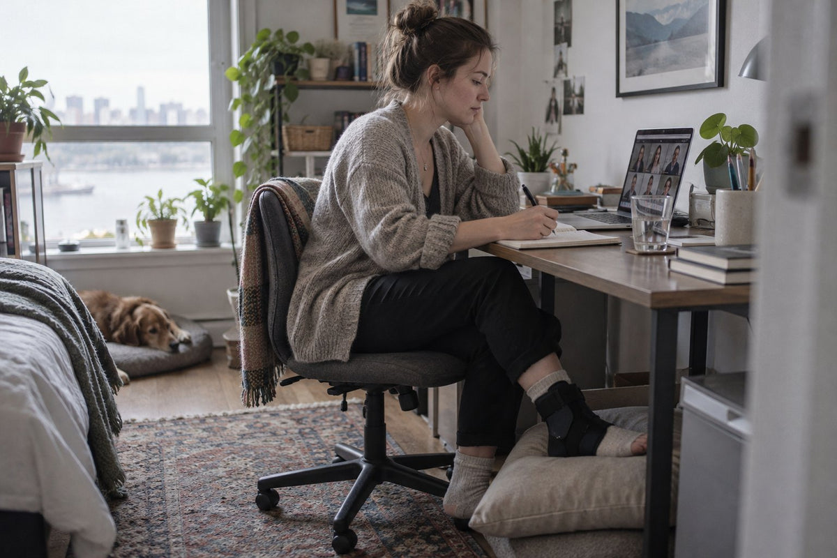 A woman with an ankle brace takes notes at her desk during an online class, her foot resting on a cushion and her dog asleep nearby.