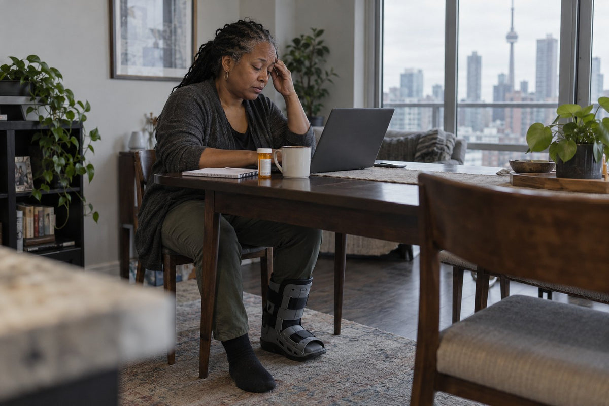 A woman rests her head in her hand at a dining table with a laptop, a mug and a pill bottle, a walking boot on one foot and the city outside the window.