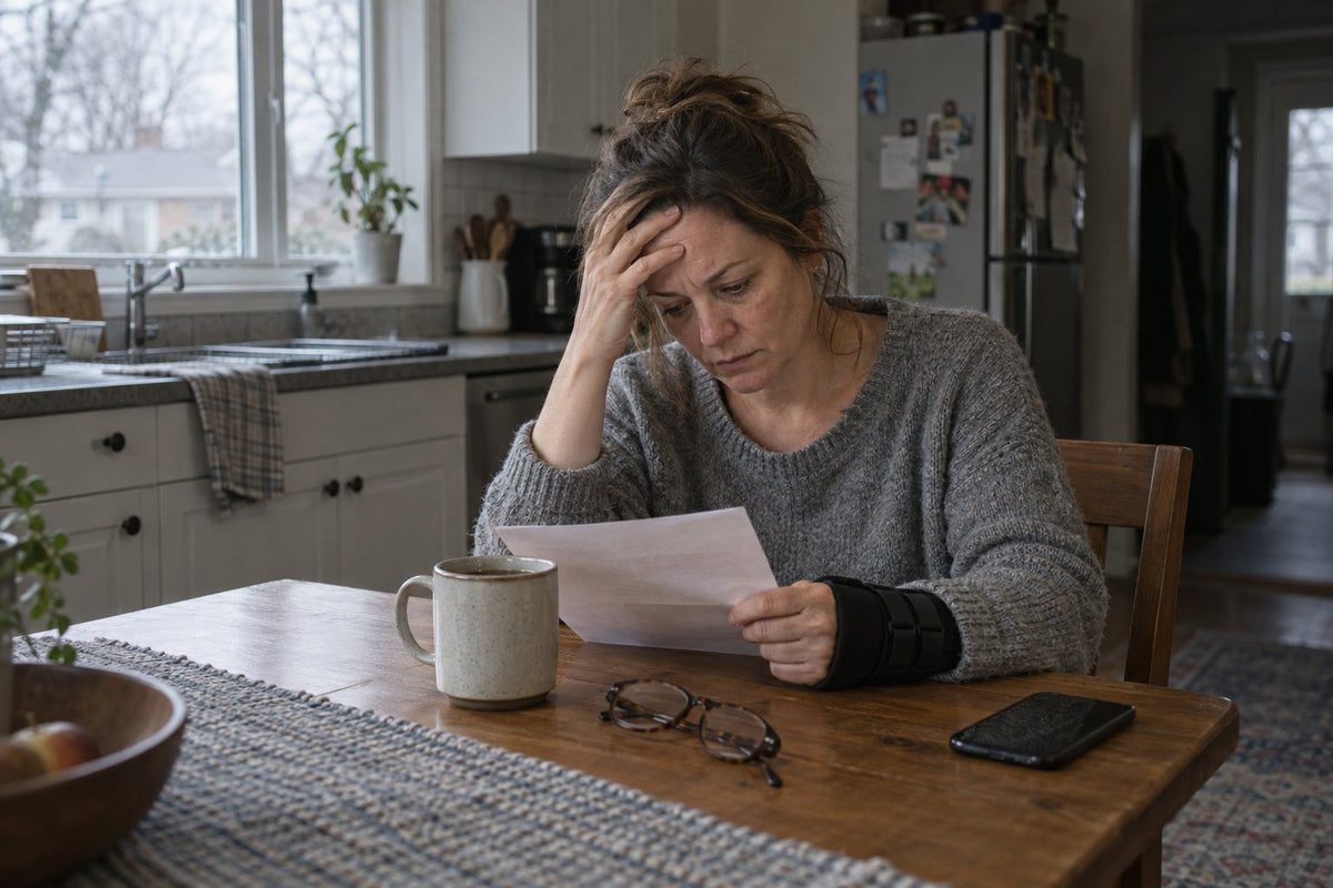 A woman in a grey sweater and a wrist brace reads a letter at her kitchen table, one hand on her forehead, with a mug and her glasses beside her.