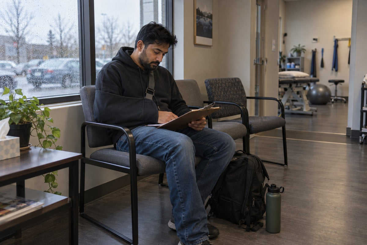 A man with his arm in a sling fills in a form on a clipboard in the waiting area of a physiotherapy clinic on a rainy day.