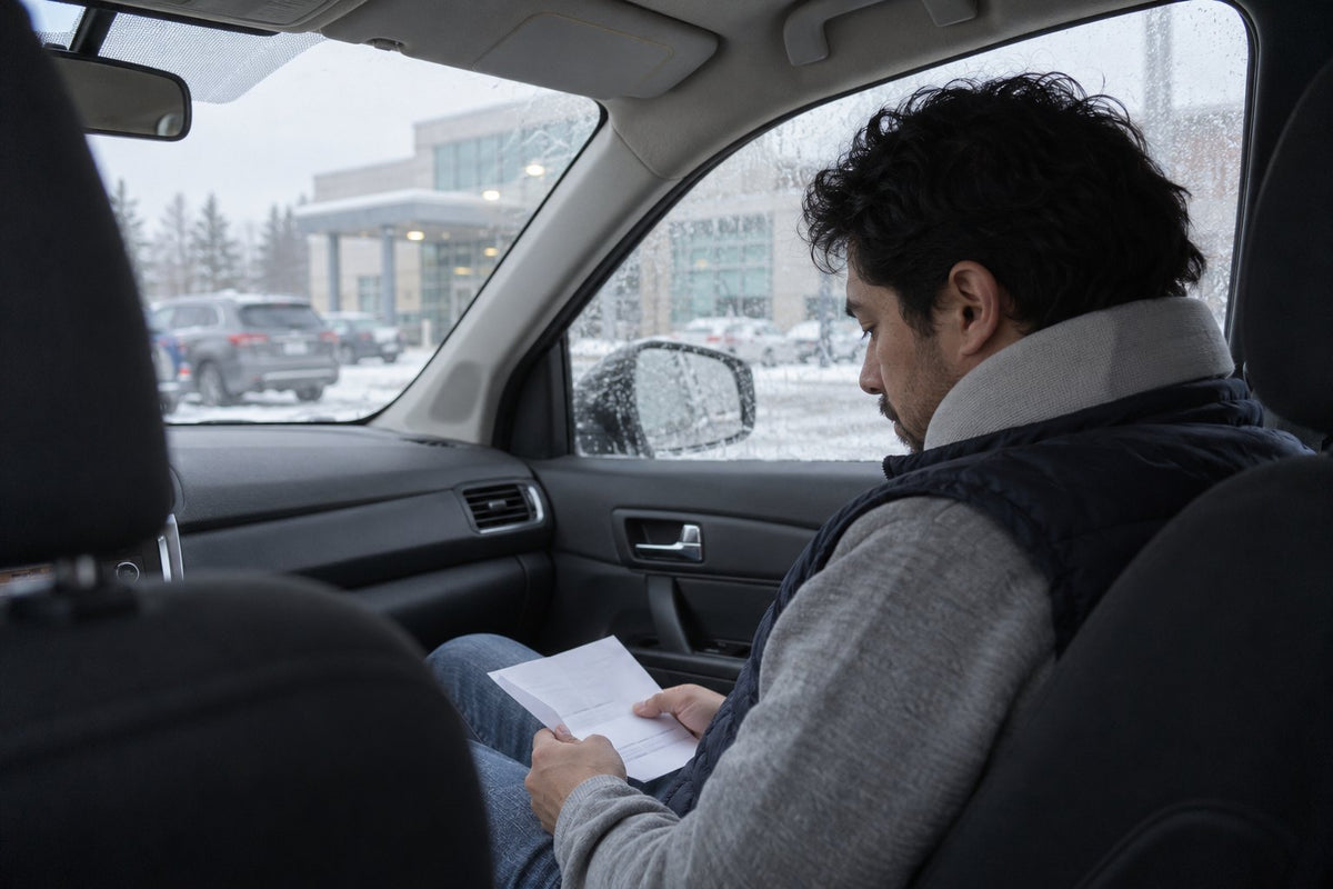 A man in a neck brace sits in the passenger seat of a parked car, reading a letter outside a medical building on a snowy day.