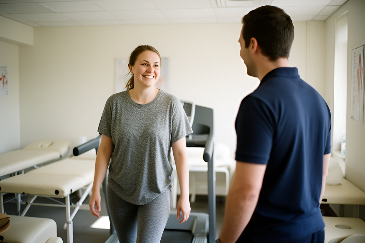 A smiling woman in a grey T-shirt chats with her physiotherapist beside a treadmill in a bright clinic, treatment tables behind her.