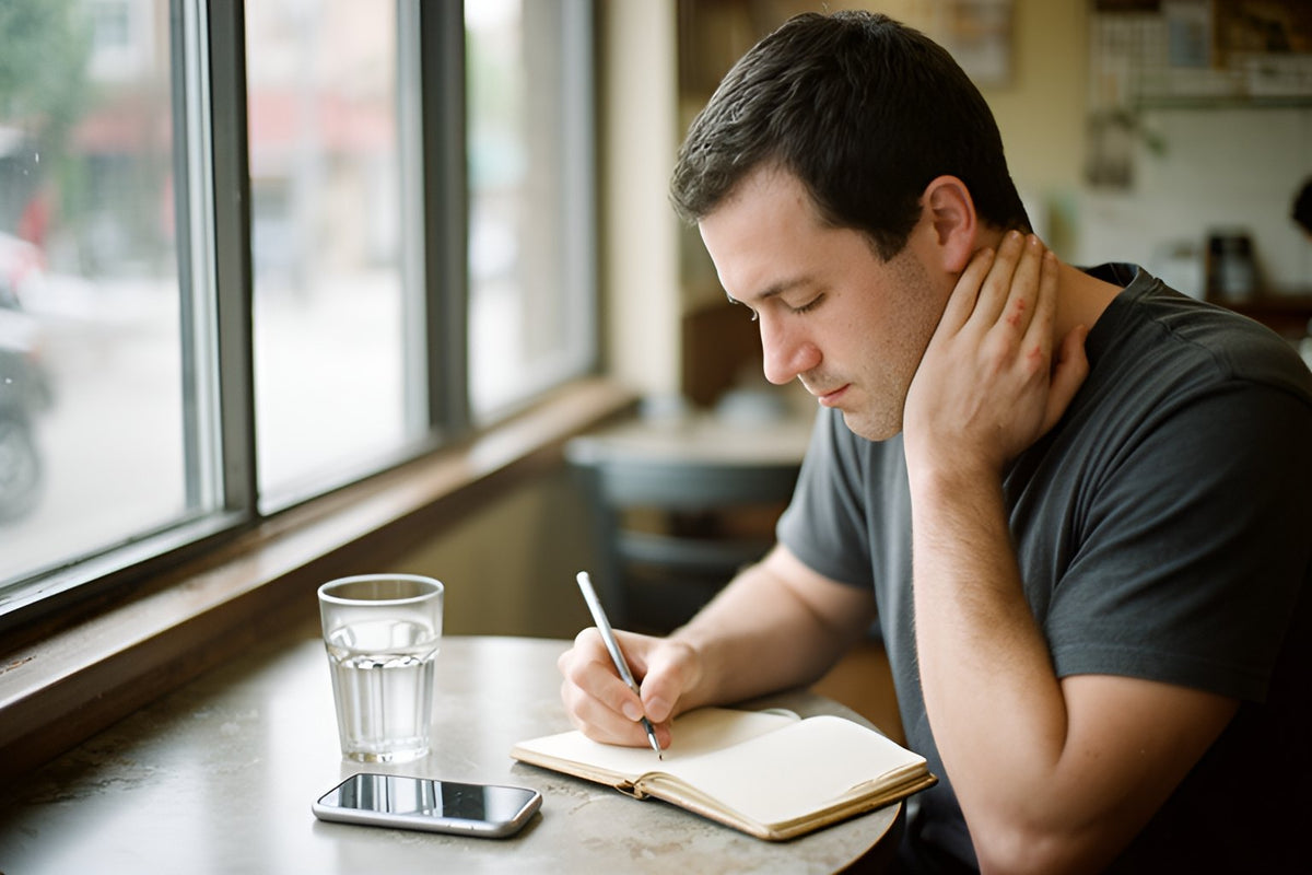A man rubs his neck while writing in a small notebook at a café window table, a glass of water and his phone beside him.