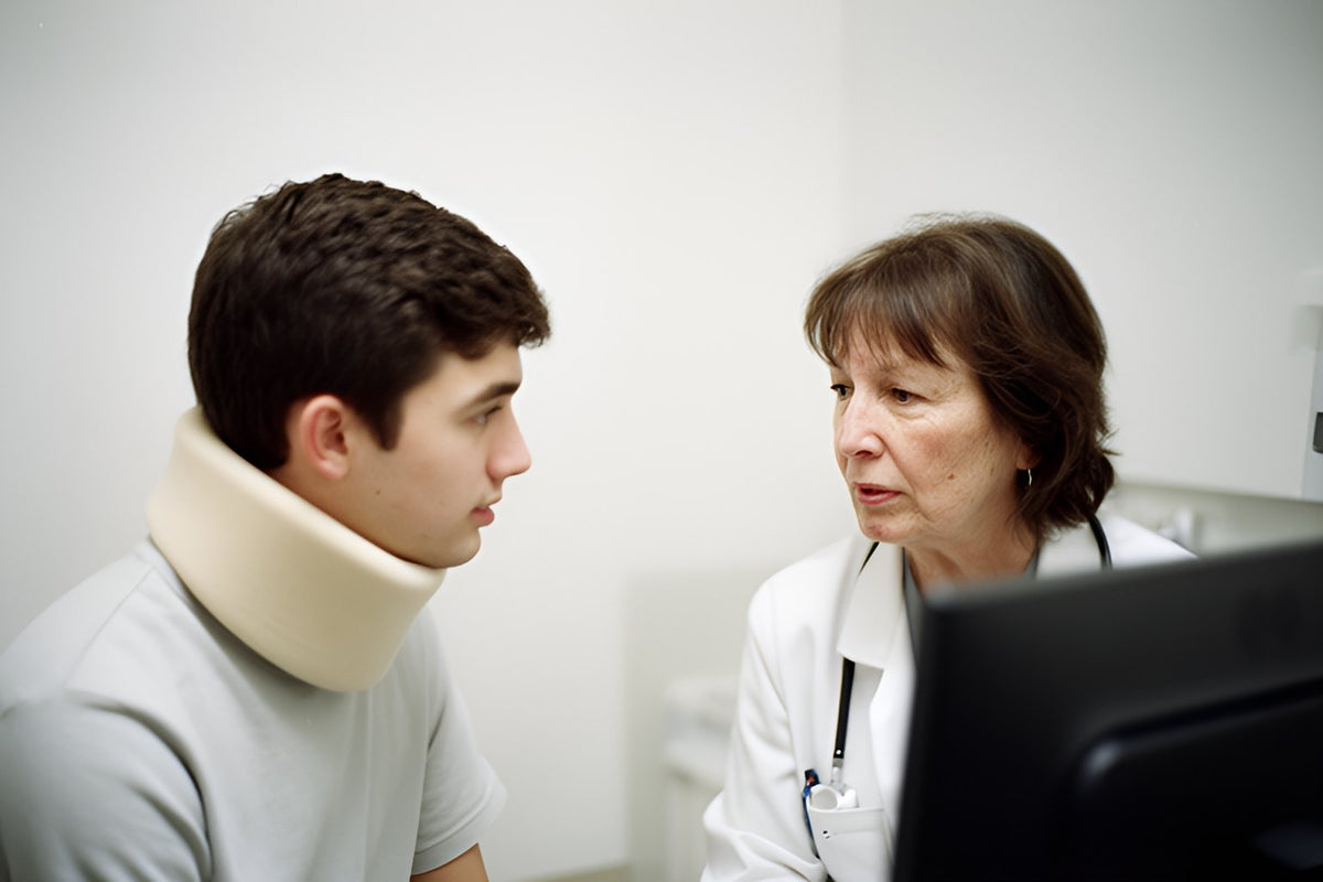 A young man in a soft neck collar talks with his family doctor in a small exam room.