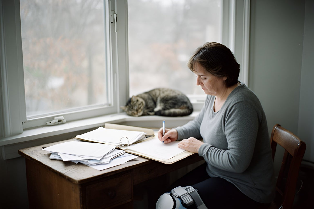 A woman wearing a knee brace writes a letter by hand at a desk by the window, a cat asleep on the windowsill.