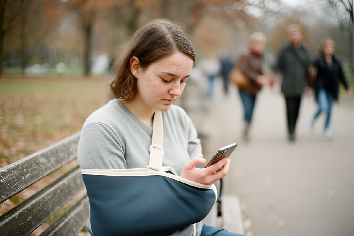 A young woman with her arm in a sling checks her phone on a park bench on an autumn day, people walking past behind her.