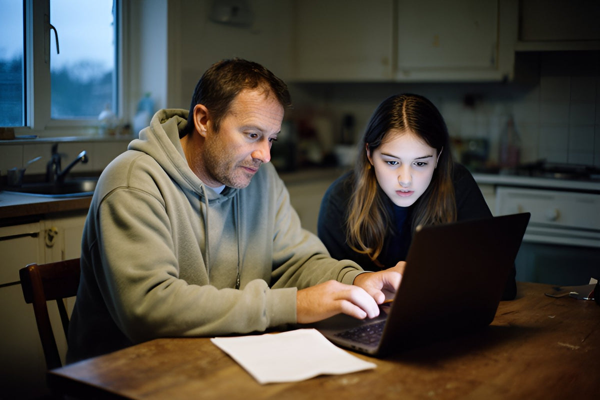 A man in a hoodie and his teenage daughter look something up on a laptop at the kitchen table, a letter beside them.