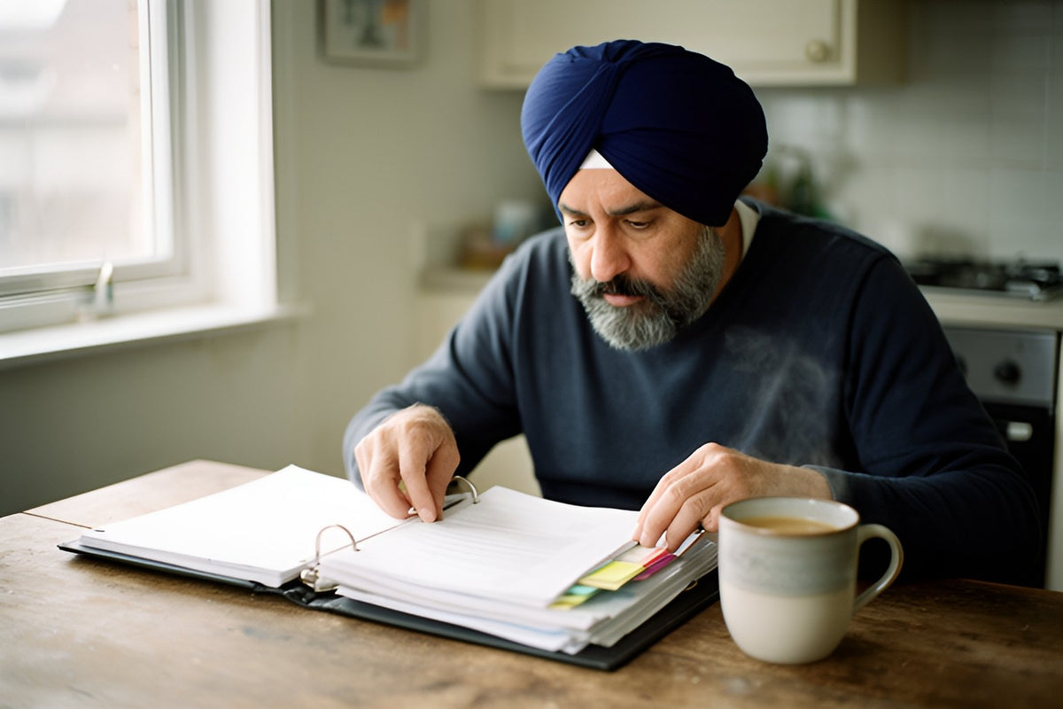 A man in a navy turban organizes papers in a ring binder with coloured tabs at his kitchen table, a mug of chai beside him.