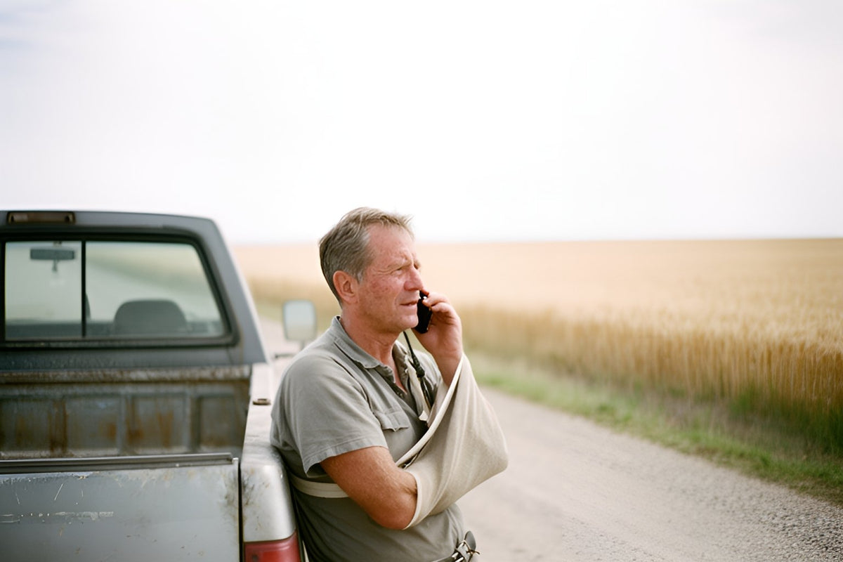 A farmer with his arm in a sling talks on his phone beside his pickup truck on a gravel road next to a wheat field.