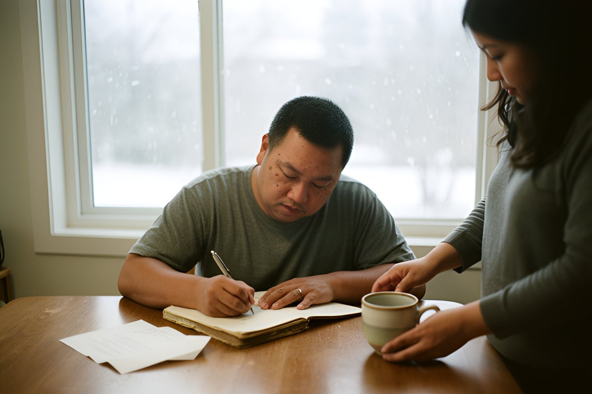 A man writes in a notebook at his dining table as his wife sets a cup of coffee beside him, snow falling outside the window.