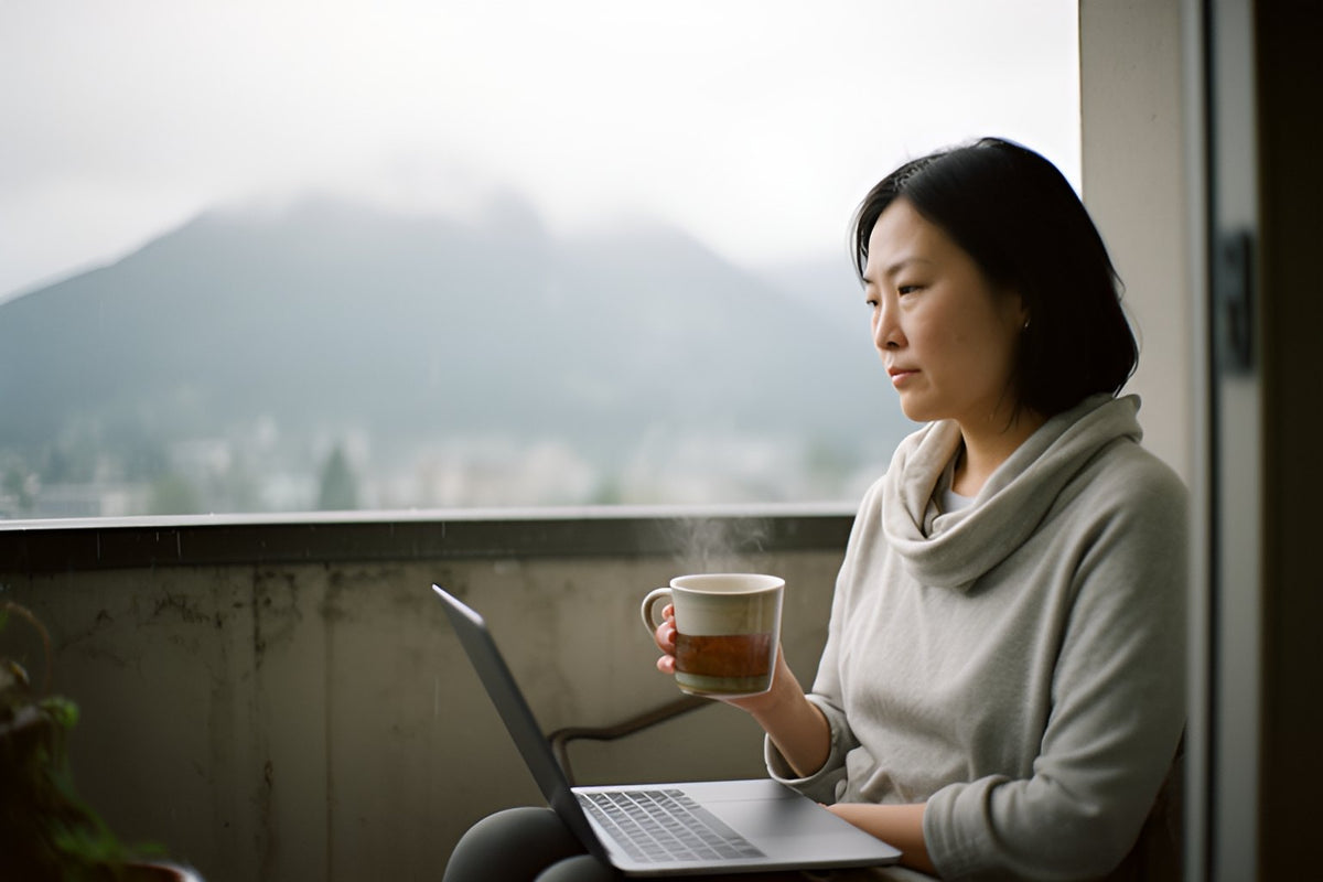 A woman holds a cup of tea with her laptop on her knees on a balcony, misty mountains in the distance.