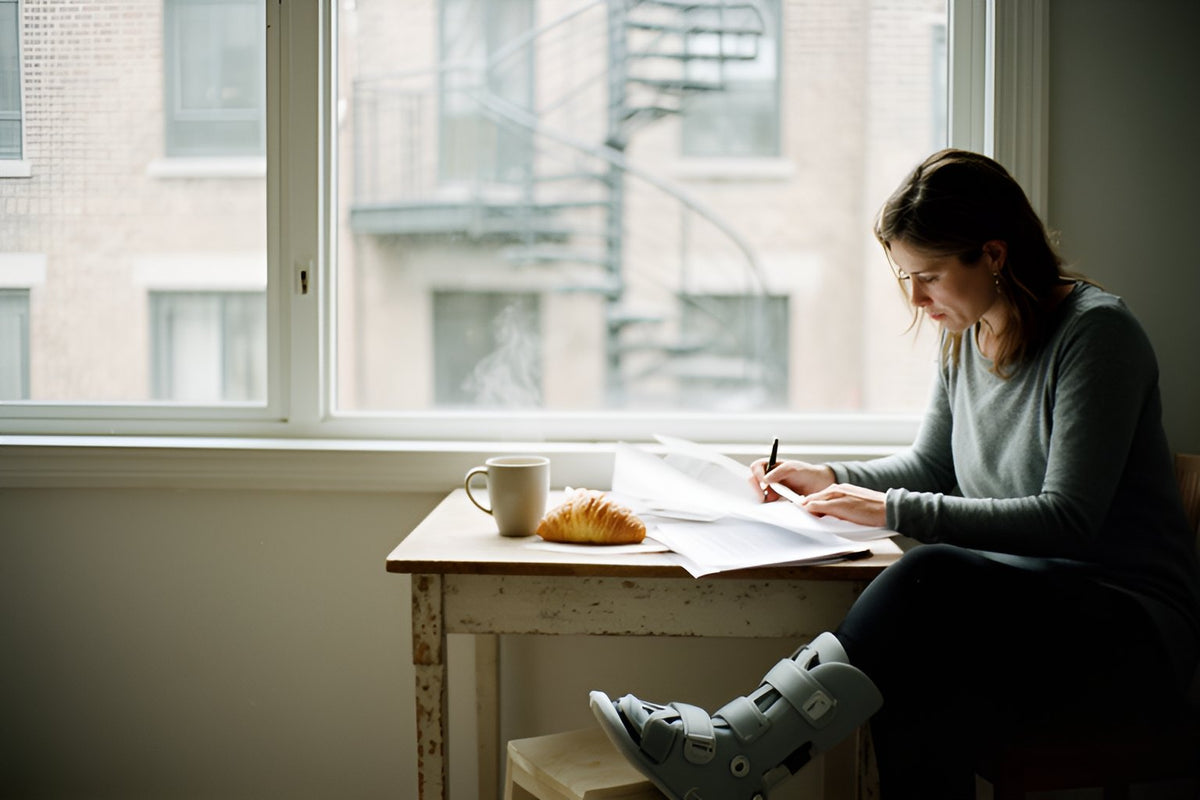 A woman with her foot in a walking boot reviews papers at a small table by her apartment window, a coffee and a croissant beside her and a spiral staircase across the street.