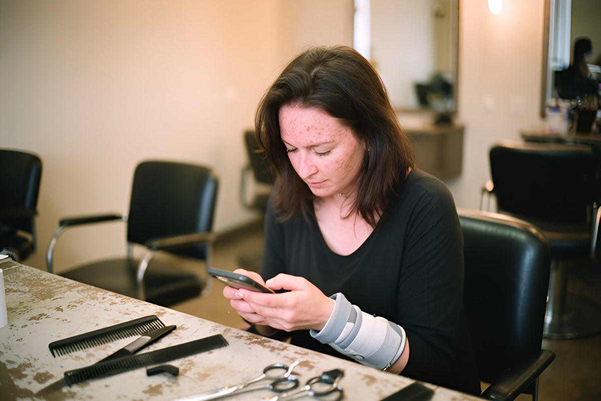 A hairstylist wearing a wrist brace checks her phone in her empty salon, combs and scissors on the counter in front of her.
