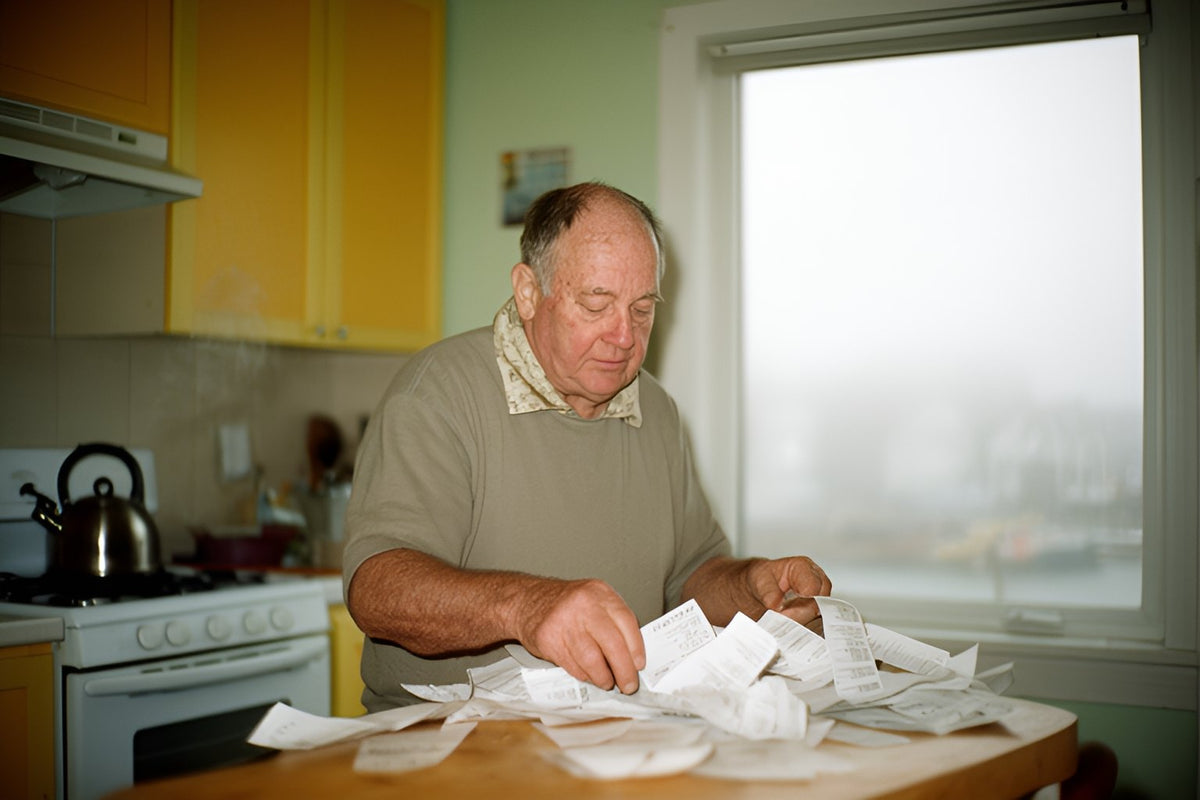 An older man sorts a pile of receipts at his kitchen table, a kettle on the stove and fog outside the window.