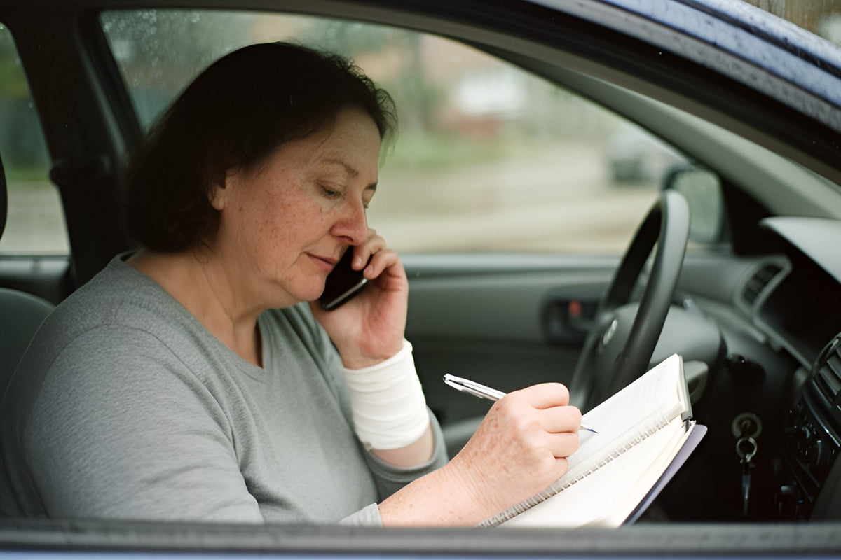 A woman with a bandaged wrist makes a phone call from her parked car, writing notes in a notebook.