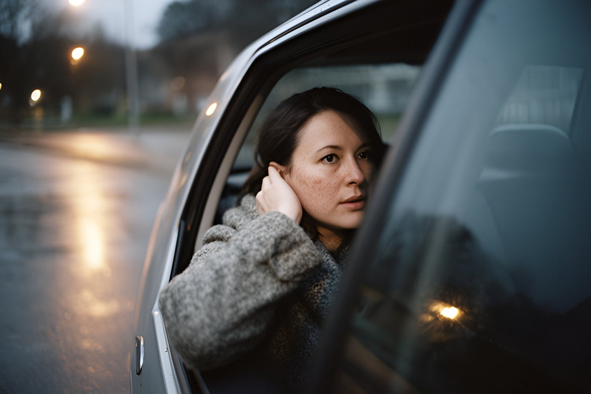 A woman sits in her parked car at dusk with a hand to the back of her head, street lights reflecting on the wet road.