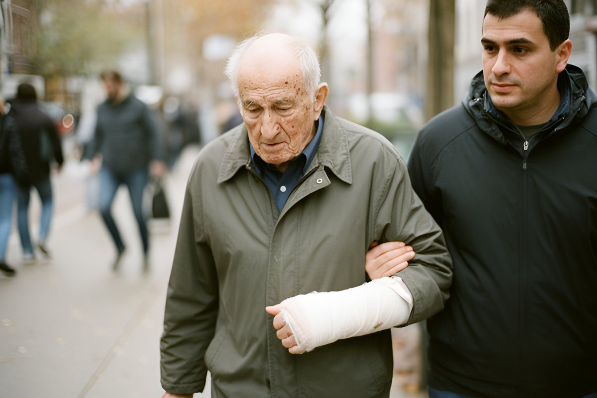 An older man with a cast on his forearm walks along a busy city sidewalk with his adult son holding his arm.