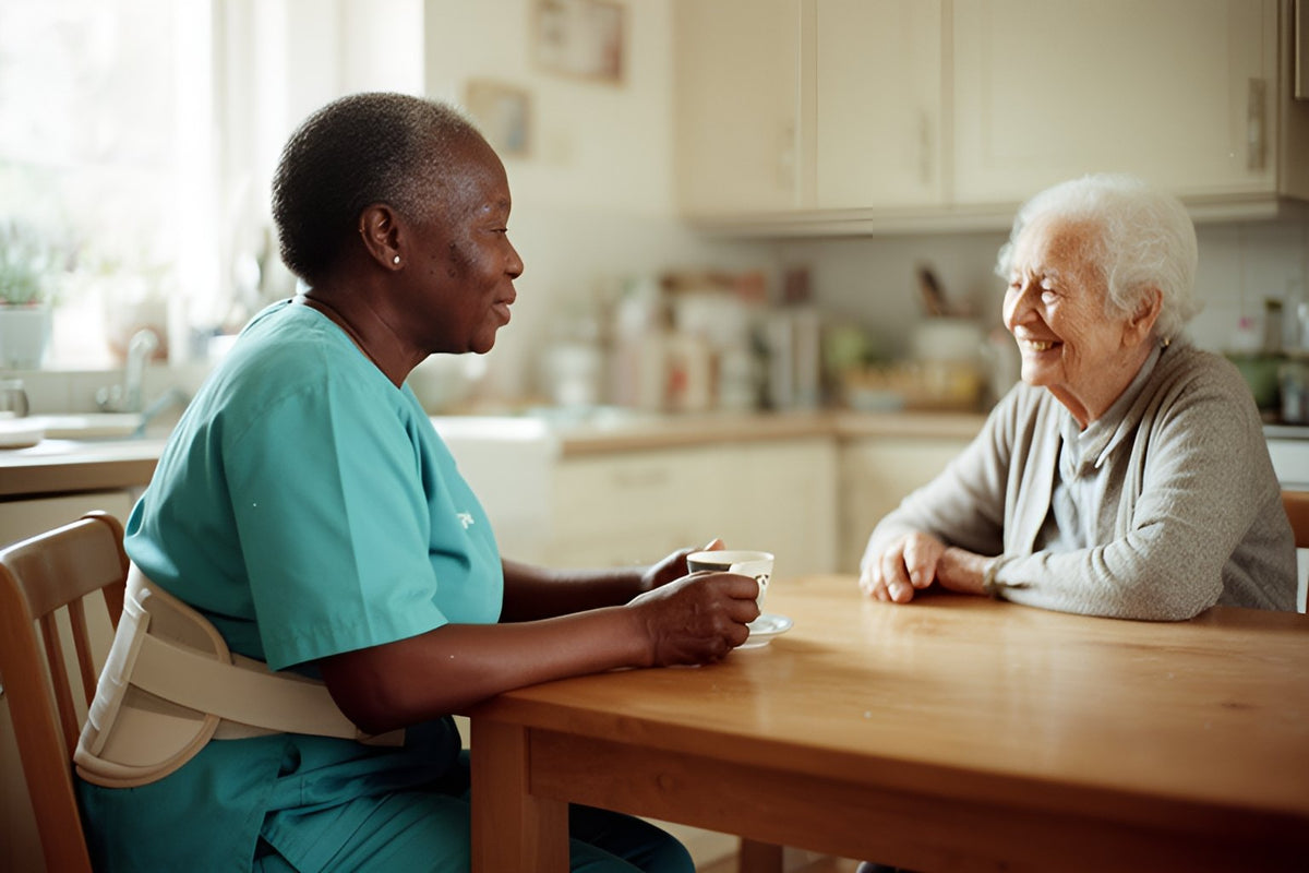 A personal support worker in teal scrubs and a back support belt shares a cup of tea and a laugh with an older client at the kitchen table.