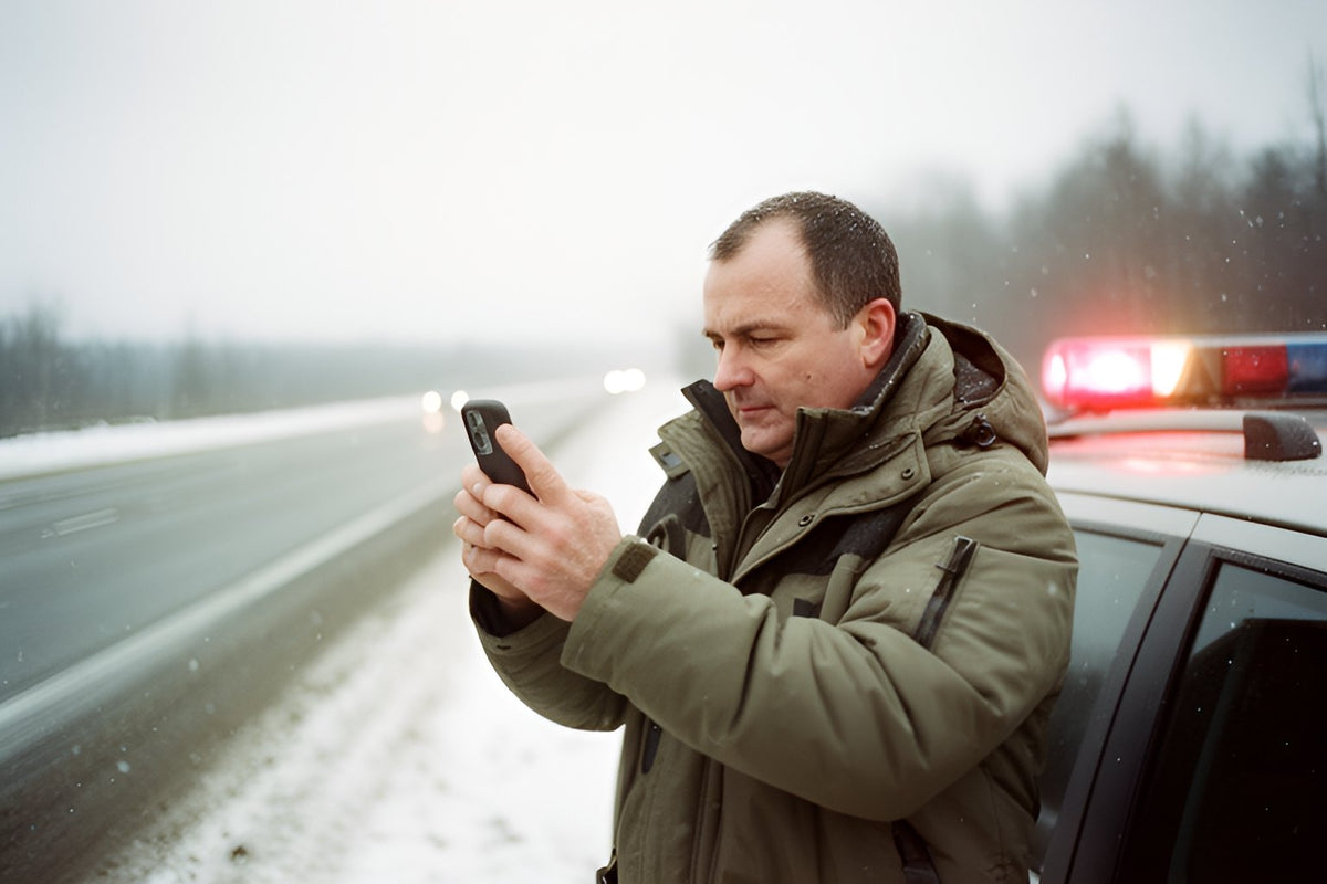 A man in a parka takes photos of a snowy highway with his phone, flashing lights on a vehicle behind him.