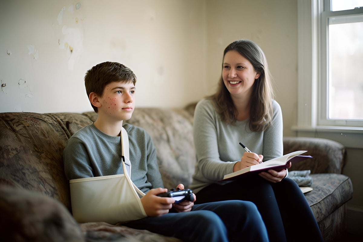 A teenage boy with his arm in a sling holds a game controller on the sofa while his mother sits beside him, writing in a notebook and smiling.