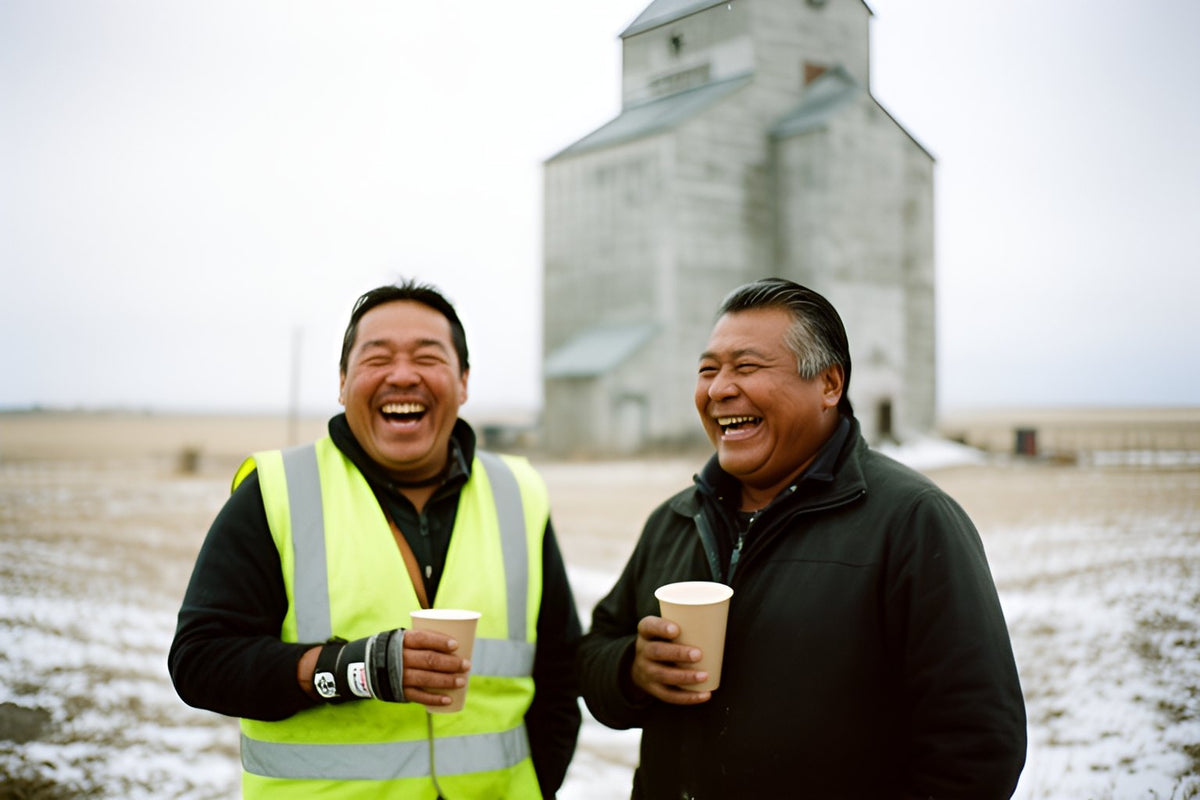 Two men, one in a high-visibility vest and a wrist brace, laugh together over paper cups of coffee in front of a grain elevator on a snowy field.