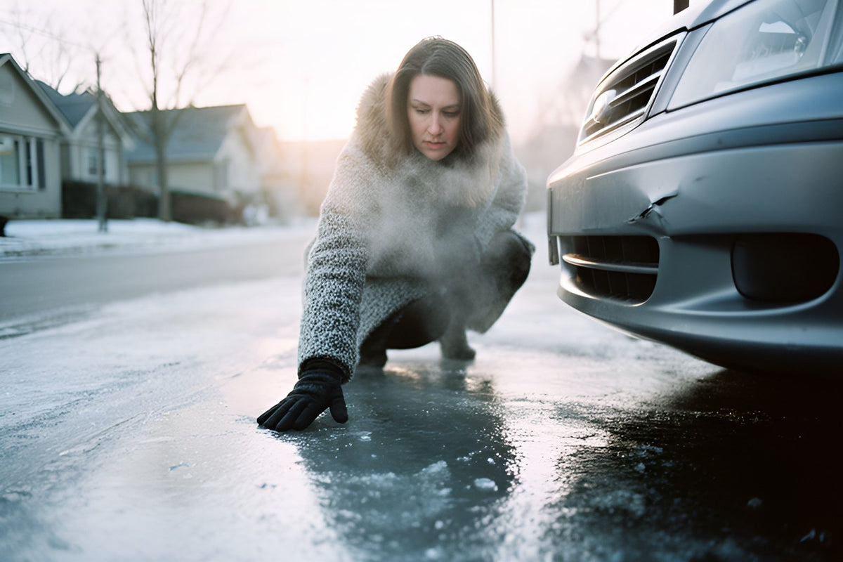 A woman in a winter coat crouches to touch the icy road beside her car, which has a small dent in the front bumper.