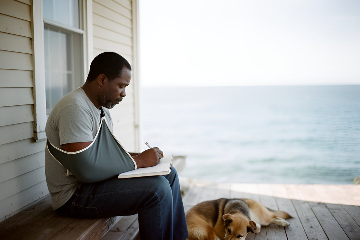 A man with his arm in a sling writes in a notebook on the porch of his wooden house, the ocean behind him and his dog asleep at his feet.