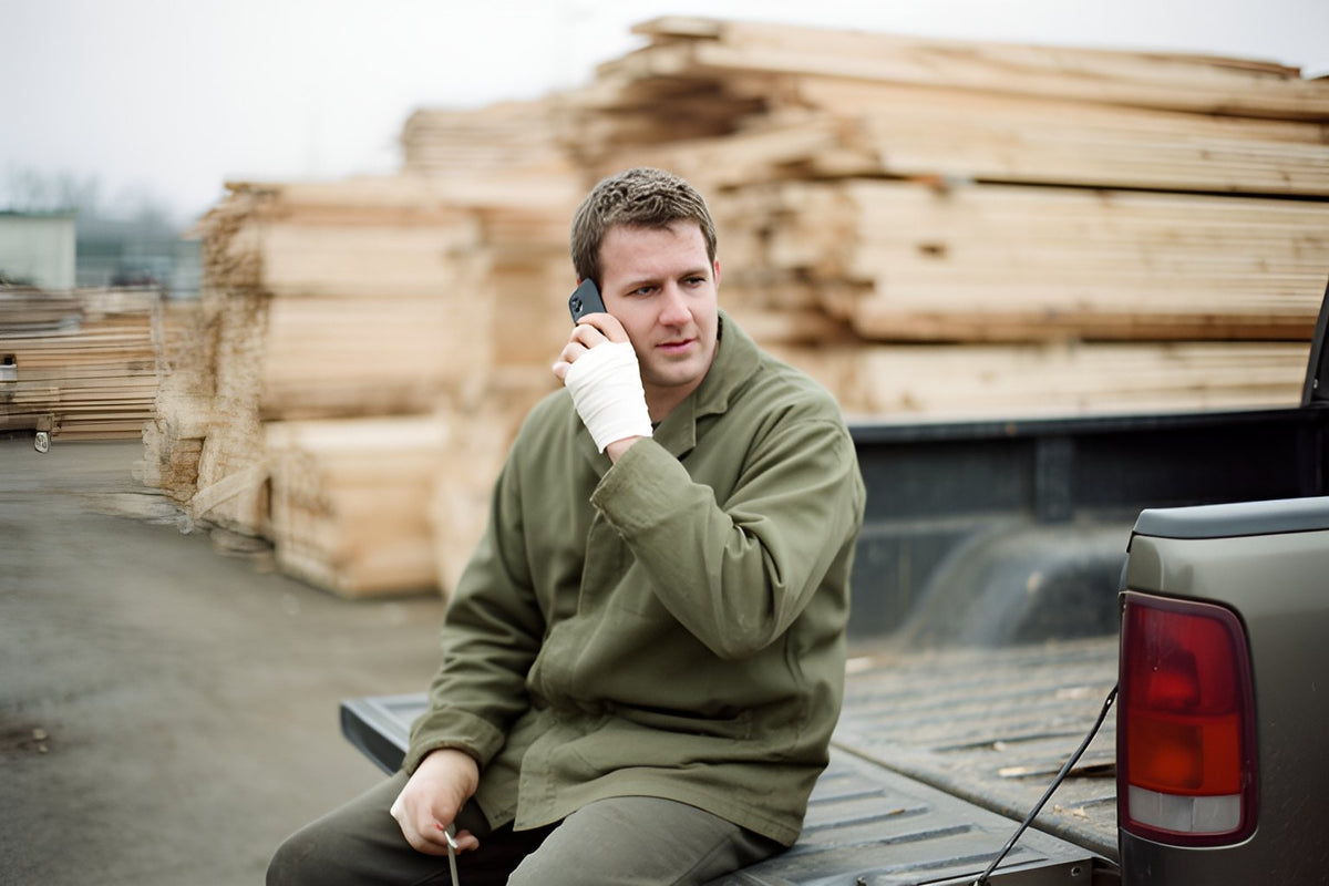 A sawmill worker with a bandaged hand talks on his phone from the tailgate of his pickup truck, stacks of lumber behind him.