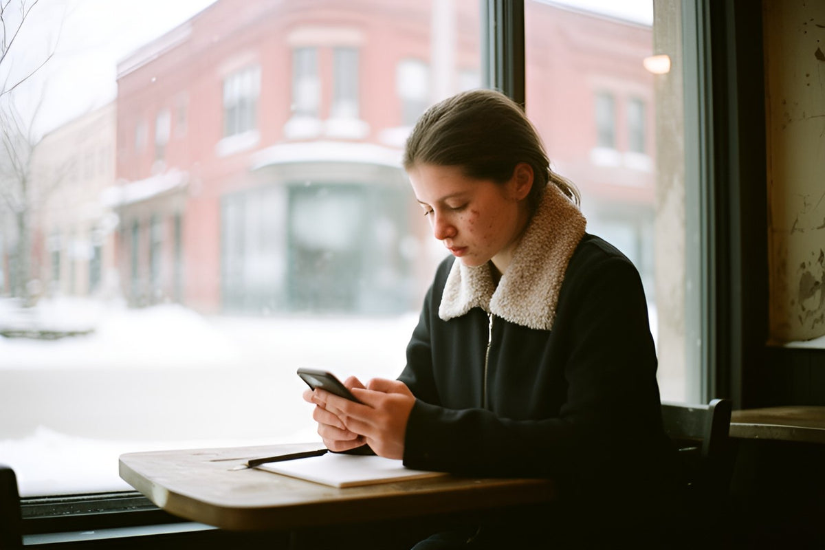 A young woman checks her phone at a coffee shop window table, red brick buildings and snow outside.